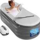 SereneLife Inflatable Bathtub with Bubble Massage Mat, Non-Slip, Backrest Support, Includes Pillow, Cup Holder, Remote Control, Easy Storage, PVC Material, Supporting Up To 345 lbs., 66"x30"x26 (Gray)