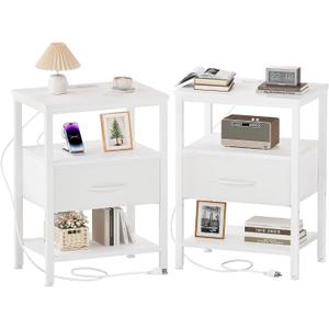 DUMOS Nightstand Set of 2 with Wireless Charging Station,Bedside Tables with Adjustable Fabric Drawers,3-Tier Storage End Tables with Open Shelf, Modern Small NightStands for Bedroom Furniture,White