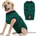 FUAMEY Recovery Suit for Dogs After Surgery,Soft Breathable Dog Bodysuit E-Collar & Cone Alternative Surgical Suit,Male Female Dog Neuter Spay Suits Anti Licking Wounds Onesie Green Black Stripes L (L (Back:16.1-20.1'', Weight:23-48 LB))