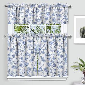 Blue Floral Kitchen Curtain Valance 3 Piece Set, French Farmhouse Kitchen Decor for Home Interior Decor, Blue and White Curtains and Valance Set Short Curtain Sink Window Decor 24 Inch