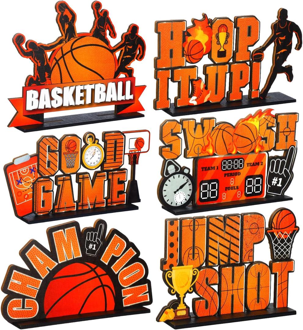 Suzile 6 Pieces Basketball Table Decorations Basketball Wooden Centerpieces with "CHAMPION""GOOD GAME" Sign Sports Style Tabletop Decor for Birthday Party Baby Shower Party Boys Room Home Decor