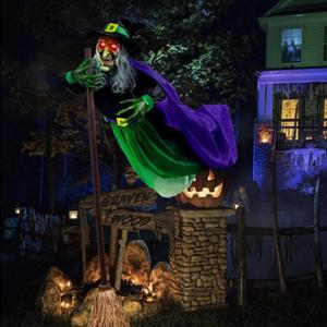 6 FT Flying Witch Halloween Decor on Broom, Halloween Flying Witch Decor Halloweens Decorations, Decoration with Voice-Activated sensors, with Scary Sound Effects and Lights (Green)