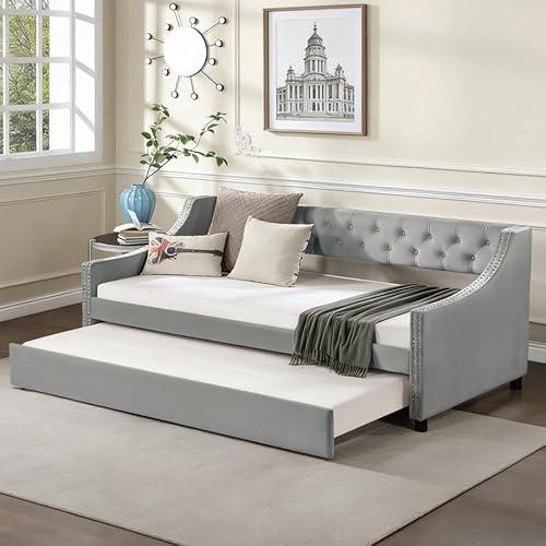 Bellemave Twin daybed, Twin Corner Bed, Upholstered Bed Frame with a Twin Trundle for Kids,Teens,Adults, Velvet, Gray