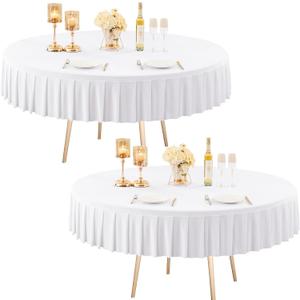 2 Pack White Round Table Cloths 72 inch, Spandex Round Tablecloth Stretchy Fitted 6FT Table Covers with Pleated Skirt for Wedding Birthday Party Dining Banquet