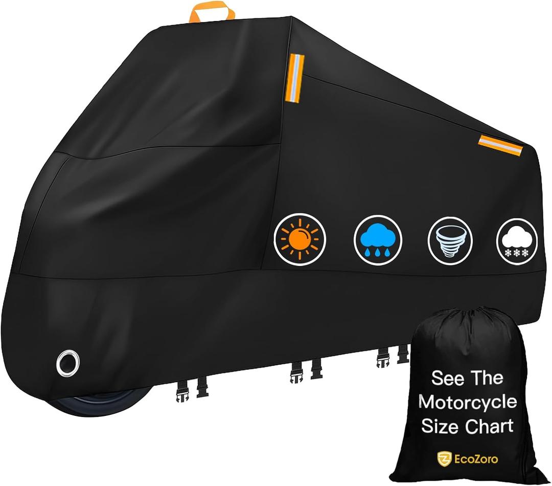 300D Heavy Duty Motorcycle Cover - All Season Waterproof Outdoor Protection with Lock-Holes, Night Reflective & Storage Bag Fits up to 108" Cruiser, Touring, Sportbike, Dirt Bike, Scooter (XL = 108" x 42" x 50")