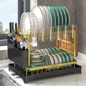 IBEDMAZIE Dish Drying Rack Gold, Multifunctional Dish Racks for Kitchen Counter with Drainboard 2 Tier Dish Drainer Large Capacity for Knifes/Cup/Cutting Board