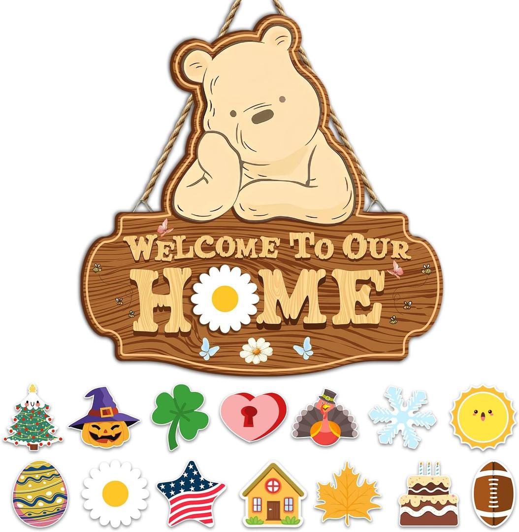 Winnie Welcome Sign for Door Decor, the Pooh Welcome to Our Home Sign with Interchangeable Holiday Sign, Christmas Party Decor Supplies, Perfect for Housewarming Gift, Christmas Thanksgiving Gifts