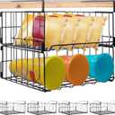 Hanging Under Shelf Storage Basket, 4 Pack Foldable Under Cabinet Metal Desk Storage Wire Rack Organizer for Kitchen Pantry Bookshelf Office Home, Easy to Install Slide-in Under Shelves (Black)