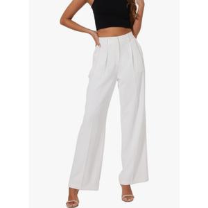 Women Office Wide High Waist Pants Loose Fit Elastic Waist Pleated Front Trousers for Work Casual Small, White 