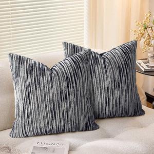 AELS 18x18 Decorative Farmhouse Throw Pillow Covers, Chenille Striped Pillow Case, Set of 2, Boho Textured Cushion Cover for Sofa Couch Living Room (Cover ONLY), Black and White