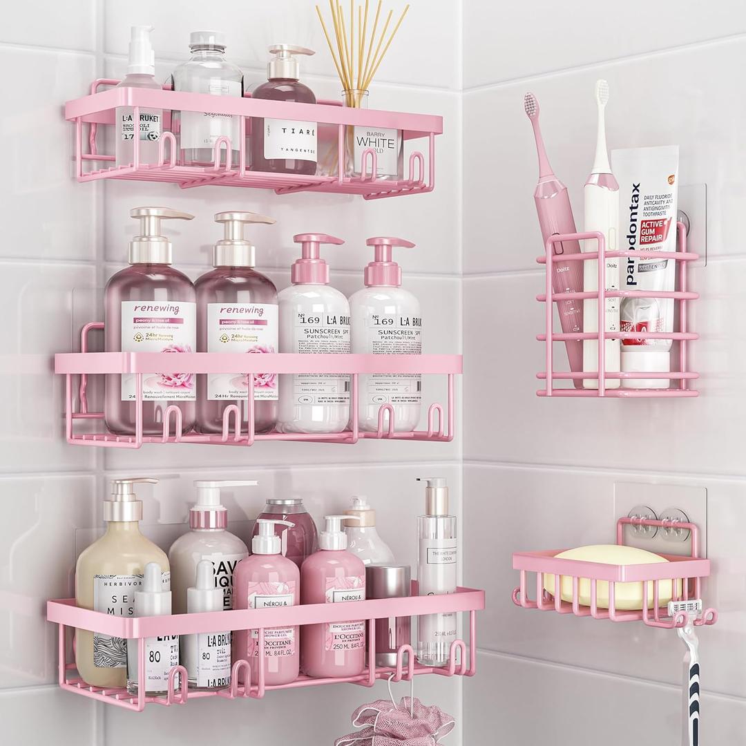 Liuoud 5 Pack Shower Caddy Organizer Rack Shelf for Inside Shower, Adhesive Bathroom Wall Storage Basket Rustproof Stainless Steel Shampoo Holder, Girly Bathroom Accessory Decor Set, Pink