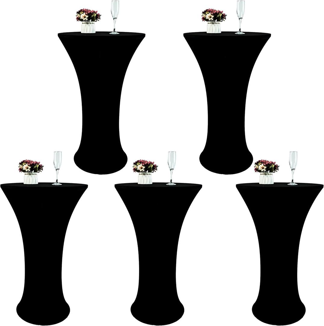 5 Pack Spandex Round 24'' Tablecloths for Cocktail, Banquet, Outdoor Party, Wedding, Bar, Restaurant - Black, Reusable, Easy Care