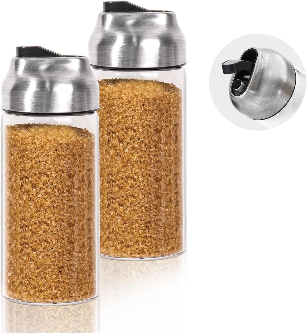 Large Sugar Dispenser Shaker Sets, 14 OZ Glass Sugar Container with Pour Spout for Coffee, Tea, Milk, 2 Pack