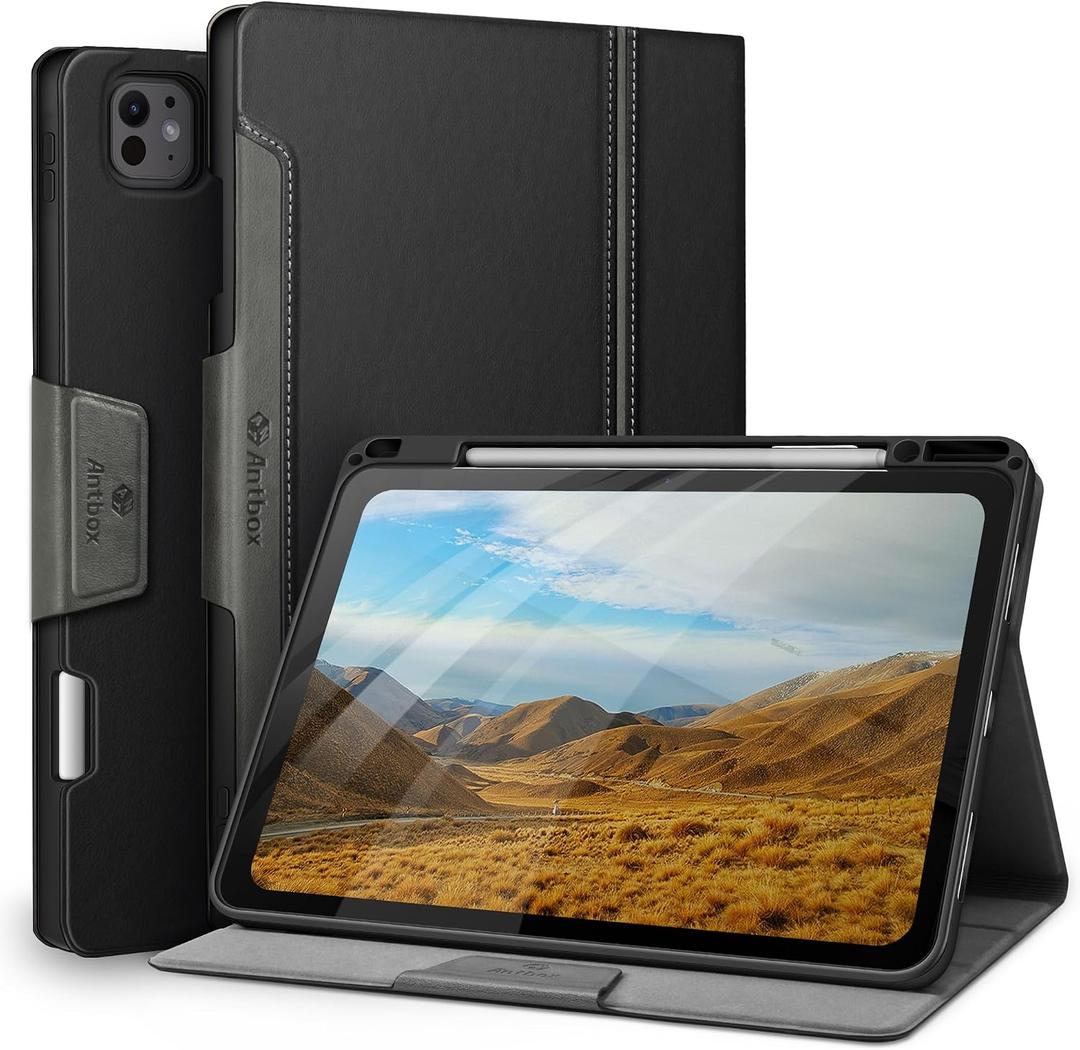 Antbox for iPad Pro 13 Inch Case M5 2025/M4 2024, Built-in Pencil Holder, Supports Pencil Pro/(USB-C), Auto Sleep/Wake, PU Leather (Black)