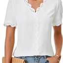 Rooscier Women's Lace Short Sleeve V Neck Casual Office Work Tunic Shirt Top (White, S)