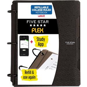 Five Star Flex Refillable Notebook + Study App, College Ruled Paper, 1 Inch TechLock Rings, Pockets, Tabs and Dividers, 200 Sheet Capacity, Black (29328AA2)