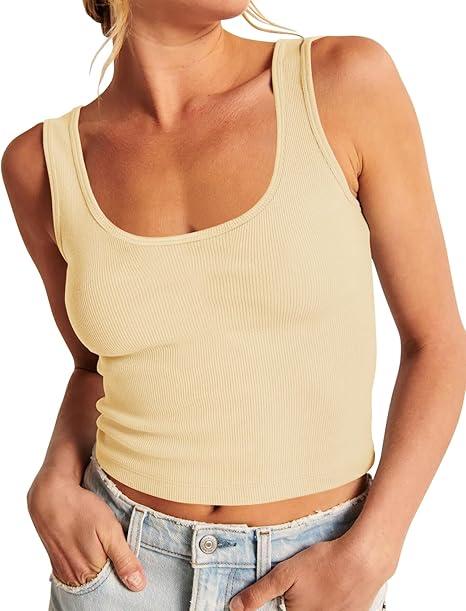 Artfish Women's Scoop Neck Sleeveless Knit Ribbed Fitted Casual Crop Tank Top (Small, Beige Tan)