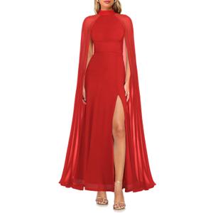 MAYFASEY Women's Elegant Long Sleeve Halter Neck Sexy Split Cocktail Evening Party A Line Maxi Long Formal Dress with Cape (Red, S)