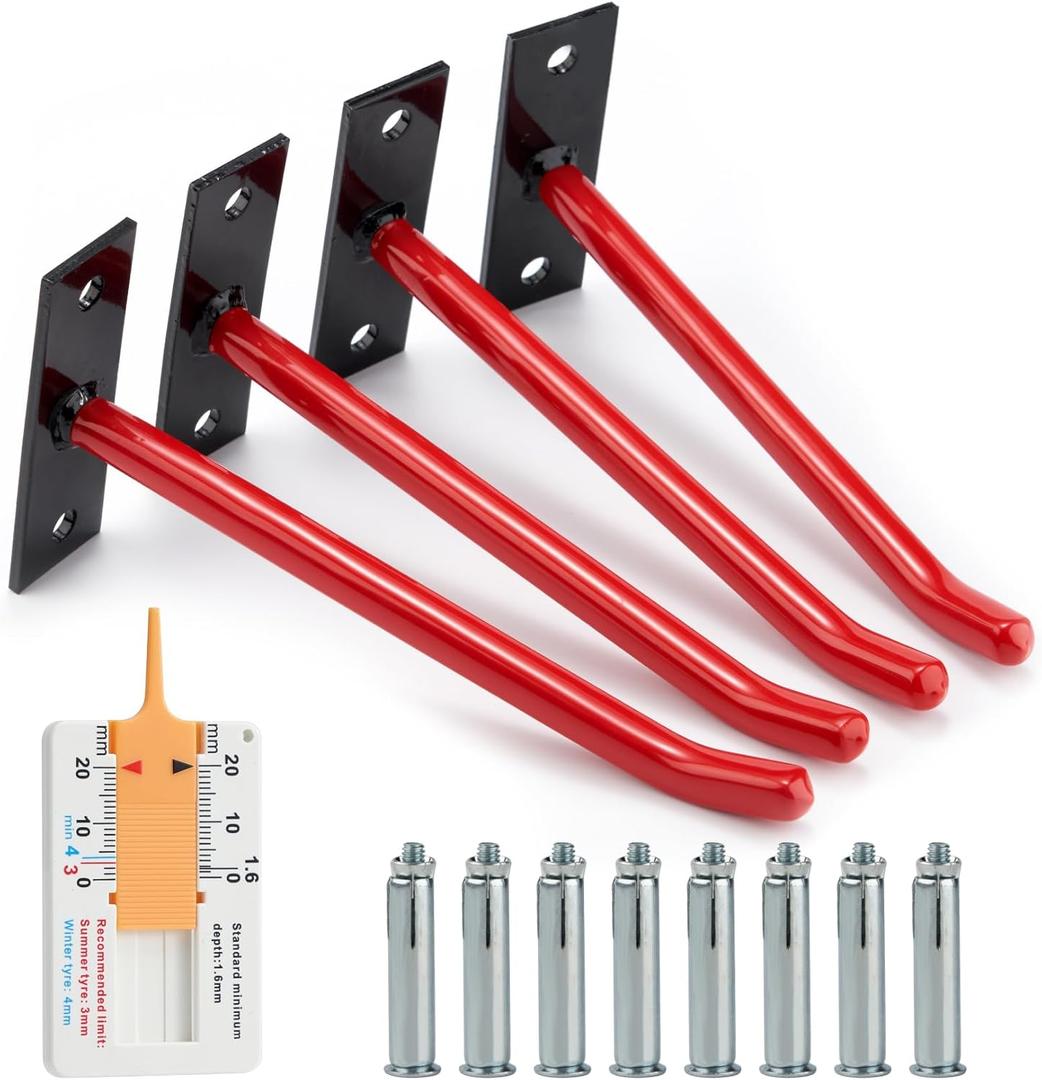 Sinoer 10-Inch Heavy Duty Steel Tire Rack Wall Mount (4-Pack) – Anti-Slip Garage Tires Hooks for Tire, Wheel, Ladder, Bike & Tool Storage – Garage Wall Mount Tire Wheel Storage Rack up to 110Lbs, Red