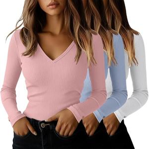 Ficerd 2 Pack Women's Long Sleeve T Shirts Cotton V Neck Slim Fit Tops Ribbed Knit Layering Casual Basic Tees 2025 Fall(White, Light Blue, Light Pink,Small) Size Small