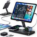 5 in 1 Charging Station for Apple Multiple Devices &65W Adapter, 30W Max Bulit-in Retractable Cable Fast Wired Charging Stand for iPad/Tab, Foldable Magnetic Wireless Charger for iPhone 17/iWatch/Buds