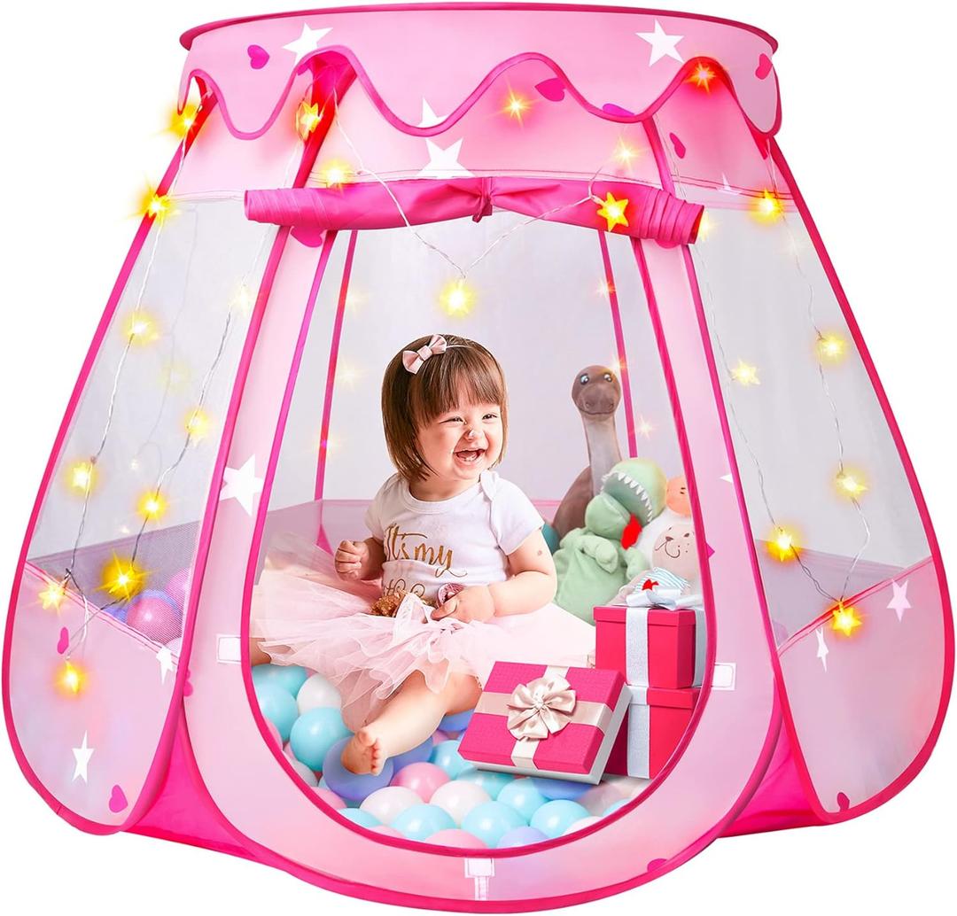 Princess Tent Girls Kids Playhouse Pop Up Play Tent with Star Light Tent for Kids Ball Pit Toys for 1,2,3 Years Girl Birthday Gift for Indoor Outdoor Toddler Girl Gift, Easy to Pop Up and Assemble