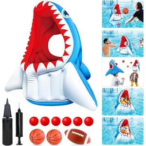 Bloolilies Inflatable Pool Floats, Kids Swimming Pool Toys 3in1 Shark Basketball & Football & Head Hoop for 3 4 5 6 7 8 Years Boys Girls Beach Backyard Party Water Games Birthday Gift