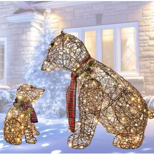 Lighted Rattan Polar Bear Family 2PCS - Large All-Weather Light Up Outdoor Christmas Dcor for Front Yard and Lawn with 140 LED Lights, Zip Ties, Extension Cord, and Ground Stakes