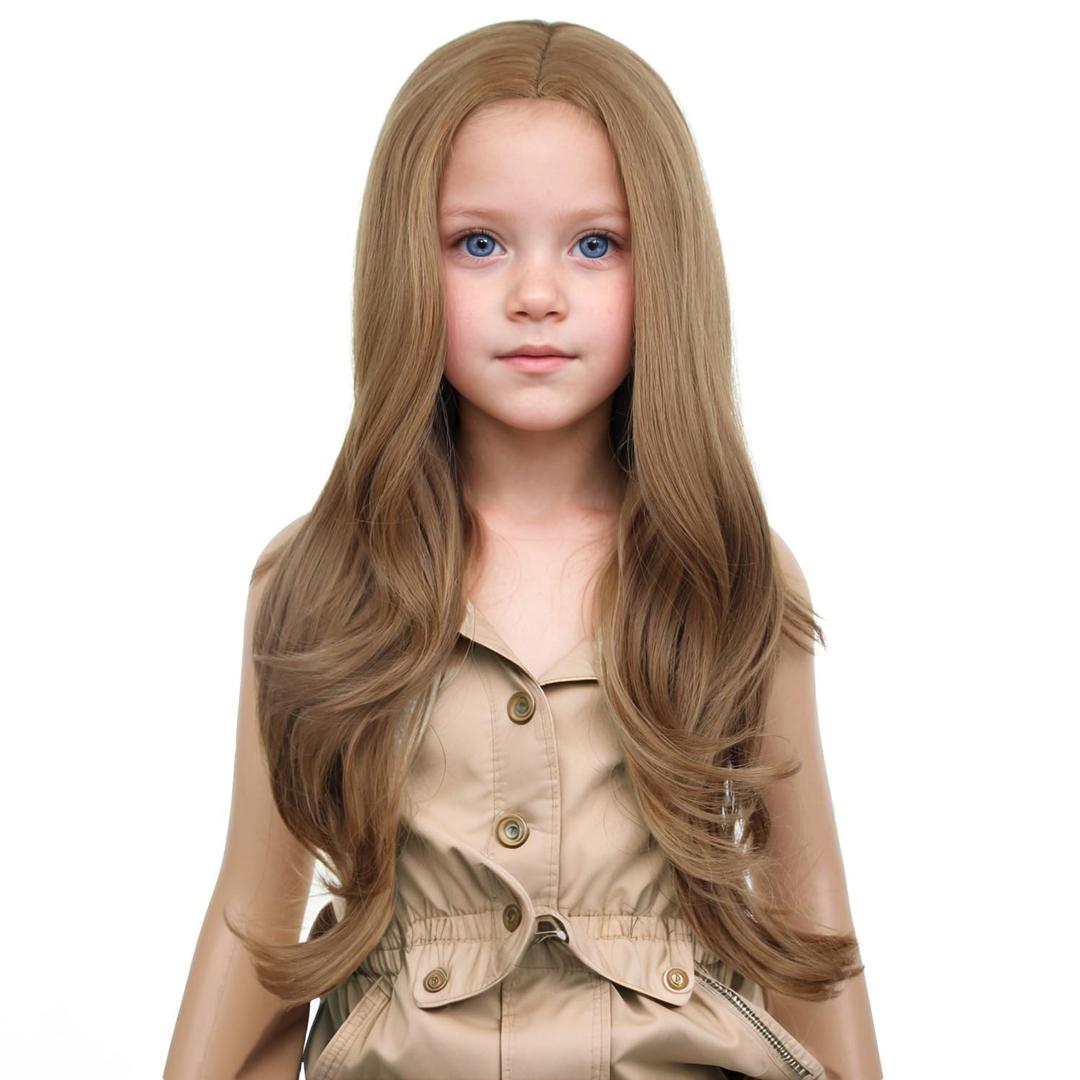 Kids Child Brown Wig Long Curly Wavy Light Brown Wigs for Girls Middle Part Shoulder Length Synthetic Wig with Wig Cap