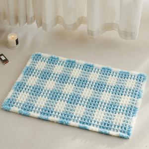 Waffle Bath Mat, Boho Bathroom Rugs Non Slip Washable Absorbent Checkered Bathroom Mat Quick Dry Cute Bath Mat, 24"x16" Blue and White