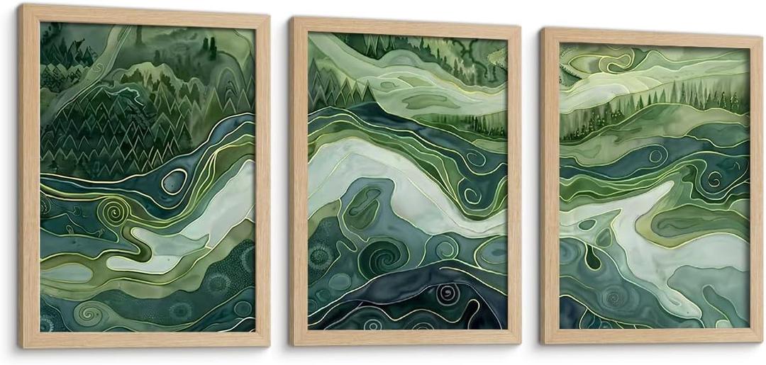 3Pcs Framed Canvas Wall Art Japanese Style Green Abstract Landscape Modern Print Art Gallery Suitable For Living Room Bedroom Office Home Decor 16x24 Inches Ready To Hang