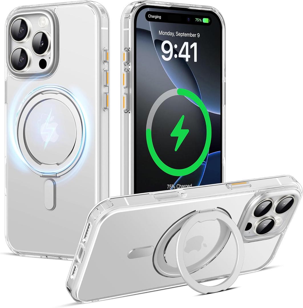 Designed For iPhone 16 Pro Max Case with Magnetic Invisible Stand [Military Drop Protection] [Compatible with MagSafe] [Great Grip Feeling] Shockproof Slim Waterproof Heavy Duty Clear Case 6.9",Clear