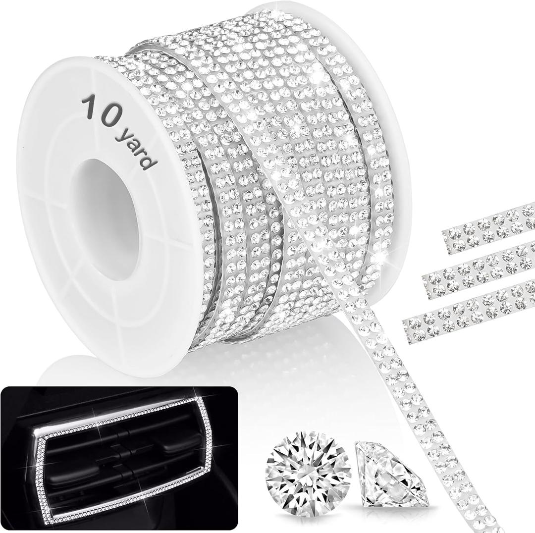 NiArt 10-Yard Self Adhesive Crystal Rhinestone Ribbon, Durable Sparkling Glass Diamond Decoration Ribbon for Car Interior, Tech Gadget & More, Easy to Apply Strong Adhesion for Long-Lasting Brilliance (White)