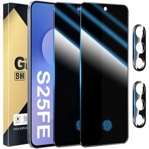 2+2 Pack Privacy Screen Protector Compatible with Galaxy S25 FE 5G - 2 Tempered Film + 2 Camera Lens Glass - High Clarity - Bubble Free - Anti-Spy Protection - Anti-Shatter