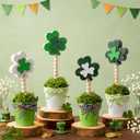 4 Pcs St. Patrick's Day Shamrock Potted Plants, Wooden Shamrock Artificial Potted Decor, Clover Table Plant Centerpiece Sign for Home Office Irish Party Desk Mantle Shelf Decoration