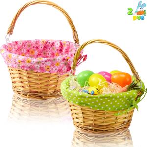 JOYIN 2 Pcs Easter Rattan Wicker Basket with Liner, Fruit Storage Serving Willow Woven Baskets with Handles, Empty Gift Basket for Kids Easter Egg Hunt & Picnic
