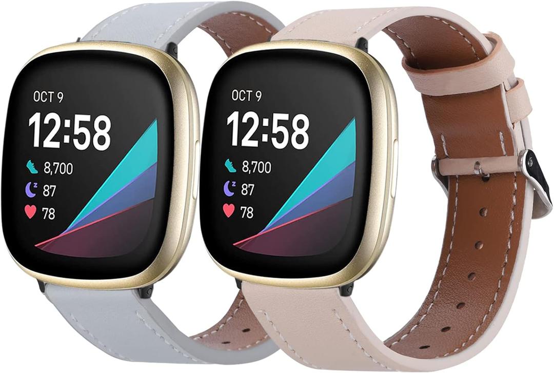 2 Pack Leather Bands Compatible with Fitbit Versa 3 / Fitbit Sense, Classic Soft Leather Replacement Wristbands for Women & Men (Apricot & Grey)