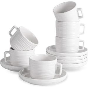 Cappuccino Cups with Saucers, 8 OZ White Ceramic Coffee Cups Set of 6, Good for Latte, Americano and Tea, Microwave and Dishwasher Safe, Ribbed Texture