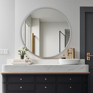 Round Mirror, Wall Mounted Circle Mirror-Brushed Metal Frame, 36", Silver