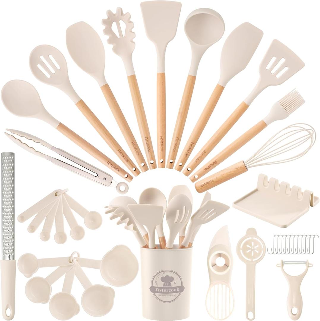 Astercook Kitchen Utensils set, 39 PCS Silicone Cooking Utensils Set with Wooden Handle, 446F Heat Resistant Food Grade Utensil Sets, BPA Free Kitchen Gadgets Tools Set for Nonstick Cookware (Cream)