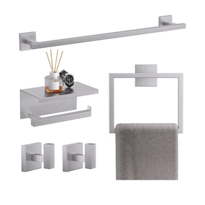TQKAG 5-Pieces Brushed Nickel Bathroom Hardware Accessories Set 23.6" SUS304 Stainless Steel Towel Bar Set Wall Mounted Square Toilet Paper Holder with Shelf