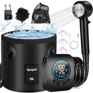 Portable Shower for Camping, [Upgraded] Spopal 8000mAh Rechargeable Camping Shower with 5 Adjustable Speeds, 4 Spray Modes with Collapsible with Handle 20L for Hiking, Travel, Car, Pet