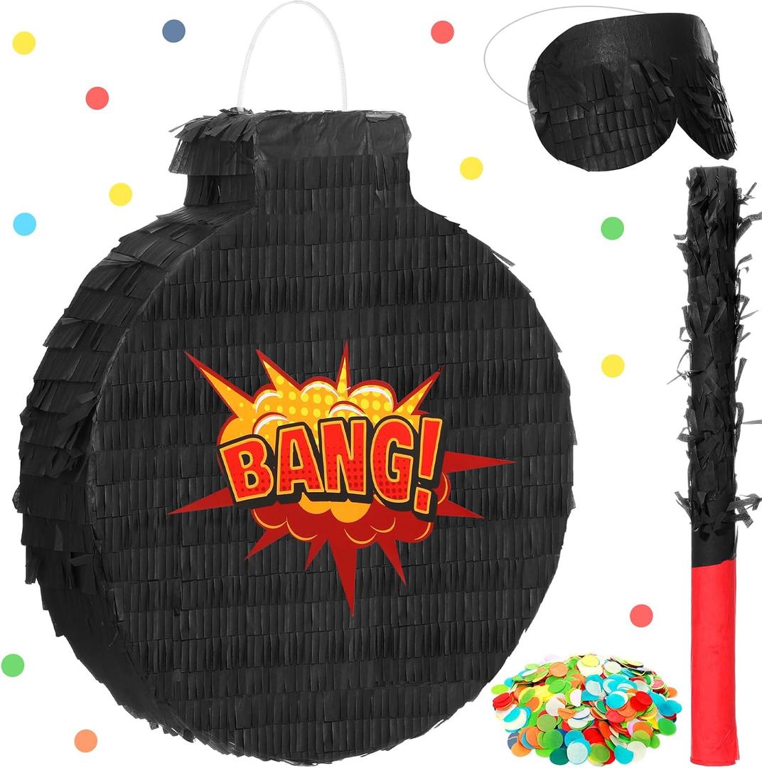 Wettarn Hero Boom Piata for Birthday Party Large Black Piata with Blindfold Stick Confetti Hero Theme Party Game Prop for Adults, 13.4 x 11.8 x 3 Inches