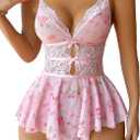 Lilosy Sexy Bows Floral Lace Mesh Babydoll Lingerie Romper (Pink, Small)