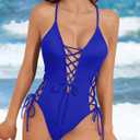 Tempt Me Women Sexy Lace Up One Piece Swimsuit Deep Plunge V Neck High Cut Bathing Suits (Blue, XL)