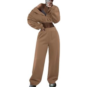 LovelyWholesale Sweatsuits Women 2 Piece Outfit Cropped Zip Up Hoodie and Sweatpants Sets small