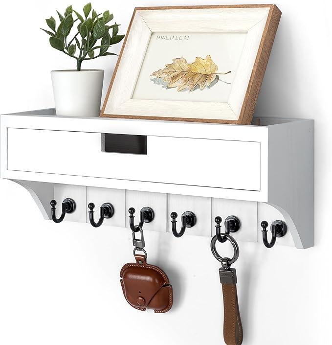 Rebee Vision Decorative Pine Wood Key Holder Wall Mount with Drawer Organizer Modern Mail Organizer with 6 Key Hooks and Storage Drawer Home Decor for Apartment Essentials (White)