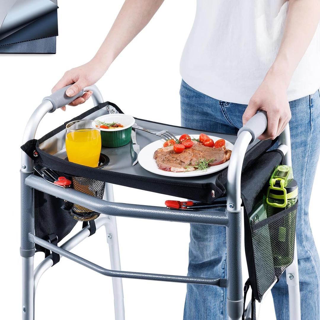 BAGSFY Walker Tray w/Side Pocket for Folding Walkers  Walker Accessory for Seniors with Cup Holder, Non-Slip Mat, and Easy Installation  Universal Fit Walker Table for Meals, Drinks, Reading (Black)
