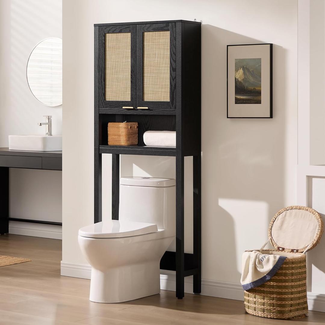 SICOTAS Over The Toilet Storage Cabinet with Rattan Door, Freestanding Bathroom Organizer with Adjustable Shelf, Space Saver Cabinet for Bathroom, Laundry Room, Restroom (Black Oak)