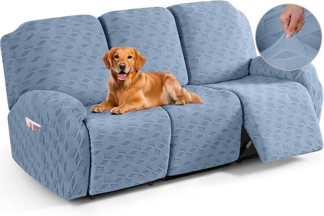 TAOCOCO Recliner Sofa Covers Stretch Reclining Couch Cover, Jacquard Recliner Couch Cover for 3 Seat Furniture Protector Sofa Slipcovers with Elastic Bottom for Kids, Pets (Light Blue)